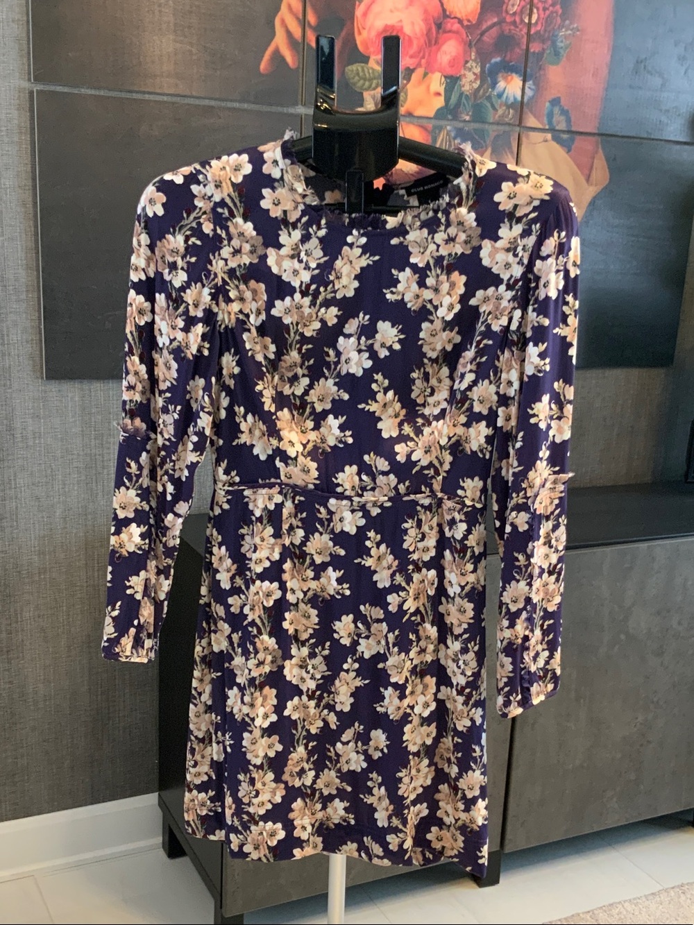 Club Monaco Purple Long-Sleeve Floral Mini Dress with Cream Blossoms 4